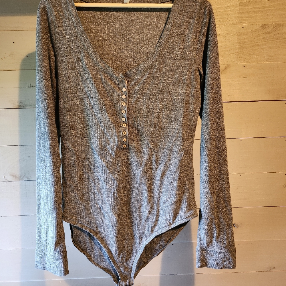 Free People Gray Long Sleeve Henley Top